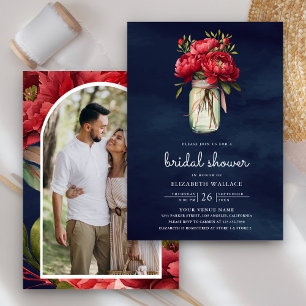 Invitation Red Peony Floral Mason Jar Marine Bleu Fête des ma