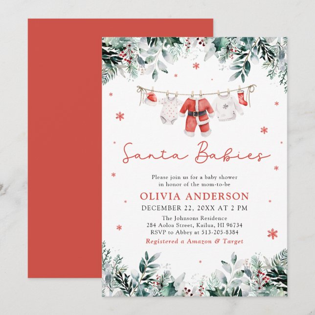 Invitation Red Père Noël Babies Jumeaux Baby shower de Noël (Devant / Derrière)