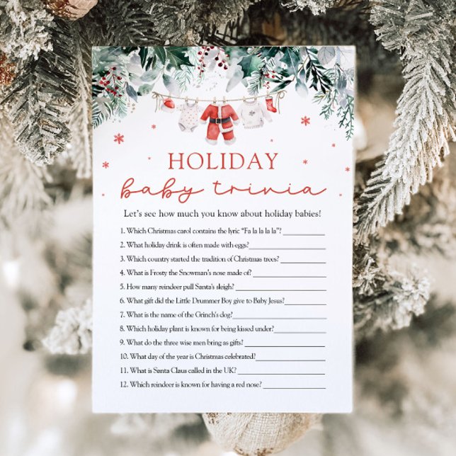 Invitation Red Père Noël Baby shower Holiday Baby Trivia Jeu (Watercolor Red Santa Baby Shower Holiday Baby Trivia Game)