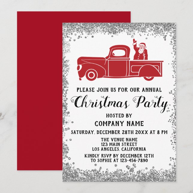 Invitation Red Père Noël Truck Company Fête de Noël Argent (Devant / Derrière)