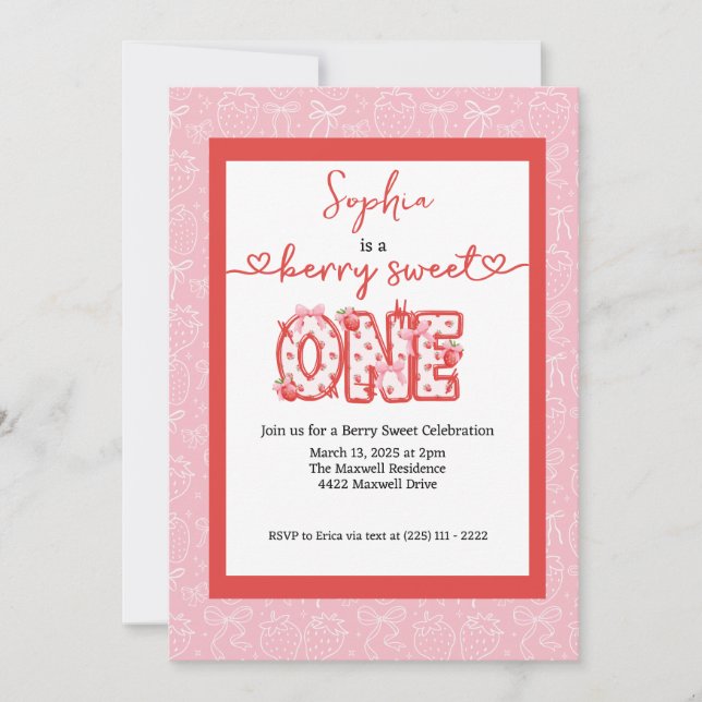 Invitation Red & Pink Berry Sweet One Girl 1st Birthday Party (Devant)
