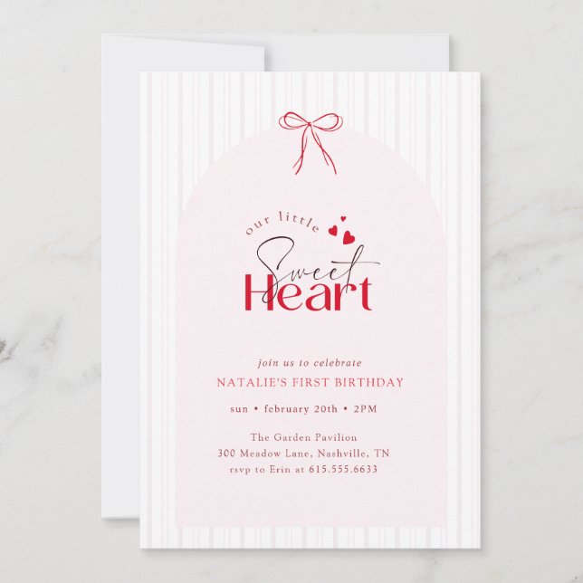 Invitation Red Pink Bow Stripe Little Sweetheart 1st Birthday (Devant)