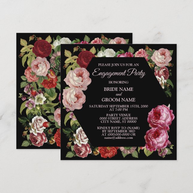 Invitation Red Pink Floral Green Party Black Engagement (Devant / Derrière)