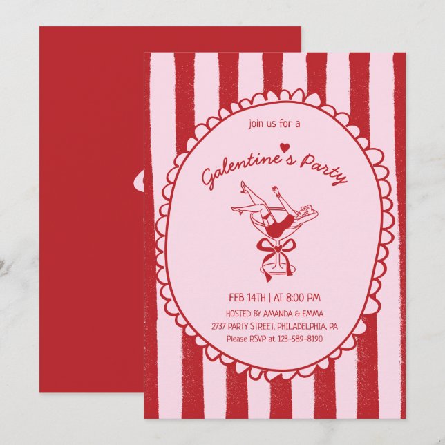 Invitation Red Pink Hand Drawn Galentine's Party (Devant / Derrière)