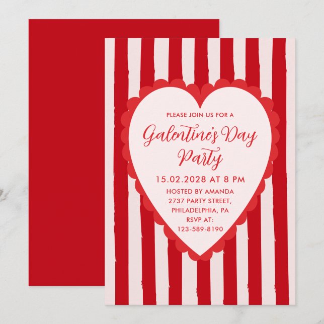 Invitation Red Pink Hand Drawn Heart Frame Galentine's Party (Devant / Derrière)