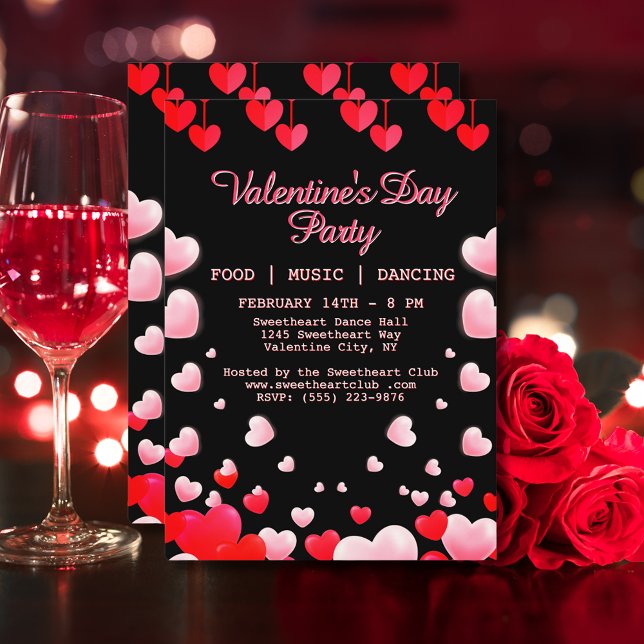 Invitation Red Pink Hearts Saint Valentin's Party Nourriture  (Red Pink Hearts Valentine's Party Food Music Dance Invitation)