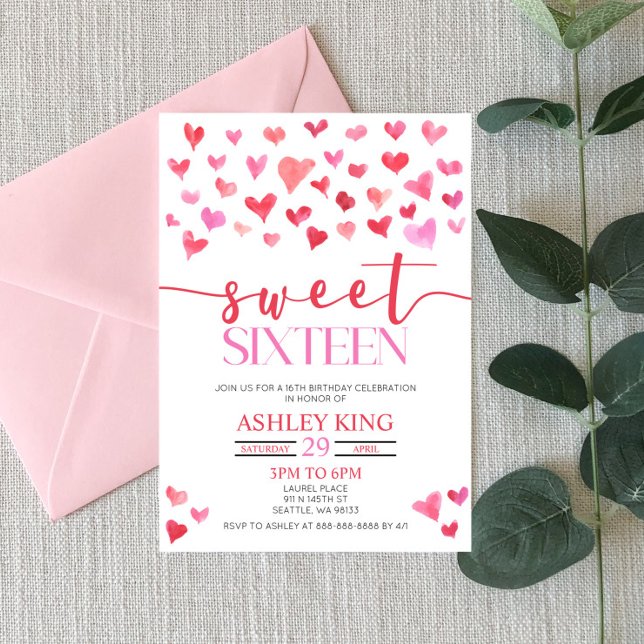 Invitation Red Pink Hearts Sweet sixteen 16e fête d'anniversa (Créateur téléchargé)