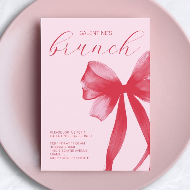 Invitation Red Pink Watercolor Bow Galentine’s Friends Brunch (Red Pink Watercolor Bow Galentine’s Friends Brunch Invitation)
