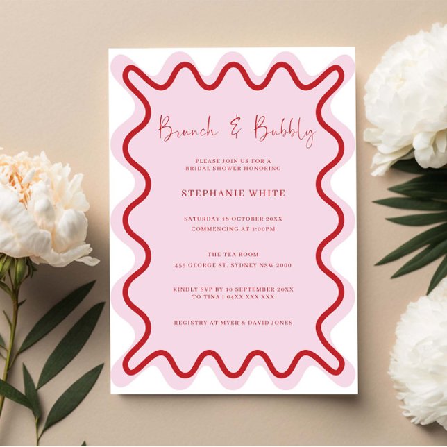 Invitation Red Pink Wavy Bordure Brunch et Bubbly (Créateur téléchargé)