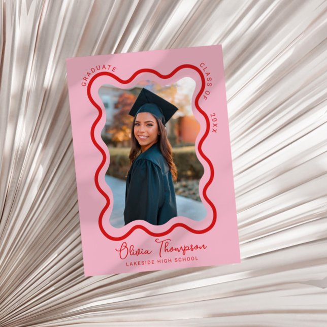 Invitation Red Pink Wavy Photo Frame Graduation (Créateur téléchargé)