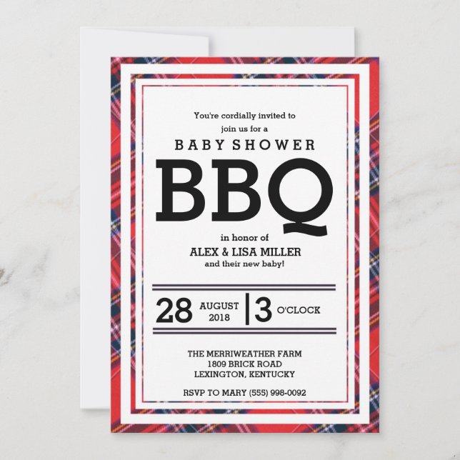 Invitation Red Plaid Baby shower BBQ Party (Devant)