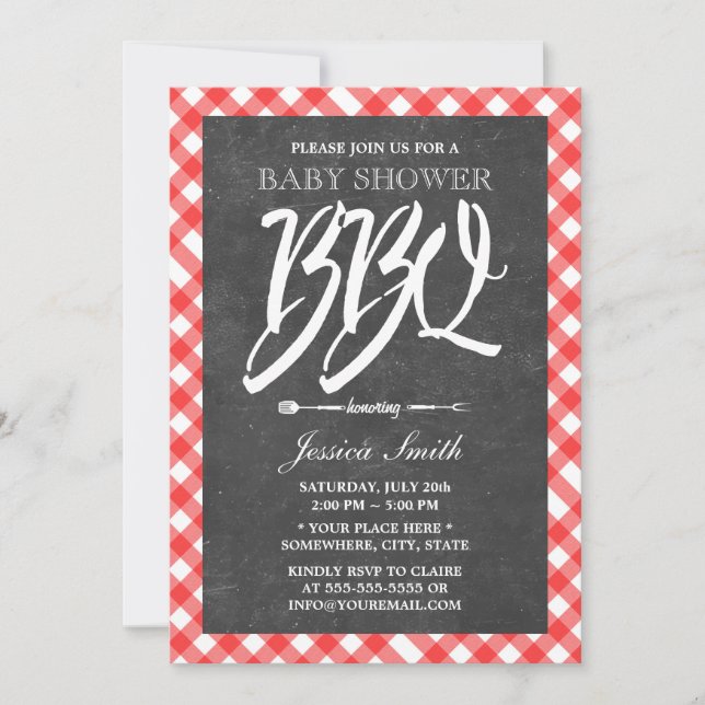 Invitation Red Plaid & Chalkboard Baby shower BBQ Party (Devant)