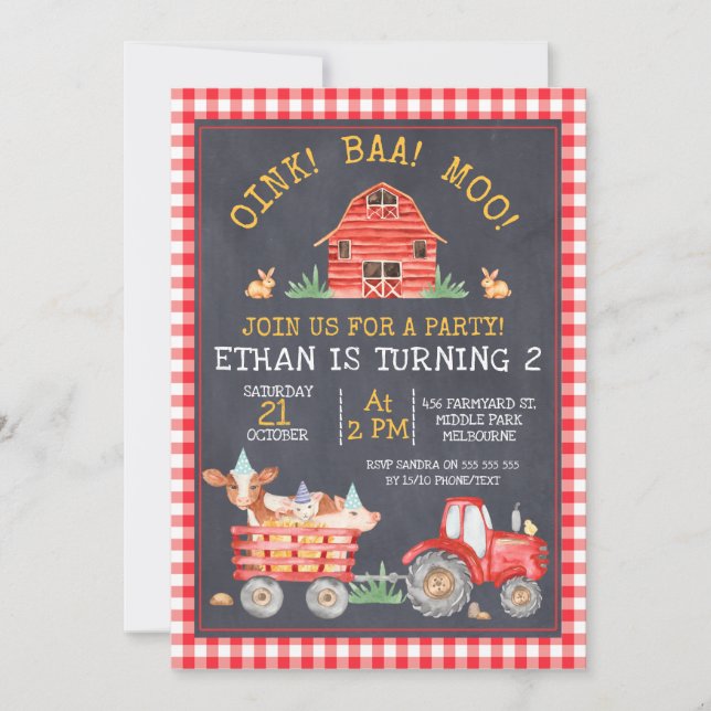 Invitation Red Plaid Farm Tractor Chalkboard Anniversaire (Devant)