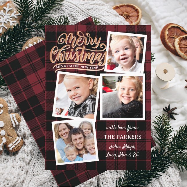 Invitation Red Plaid Golden Christmas Collage (christmas card, plaid christmas card, download christmas card, instant download christmas card)