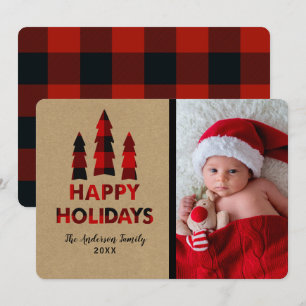 Invitation Red Plaid Joyeuses Fêtes de Noël Arbres Kraft