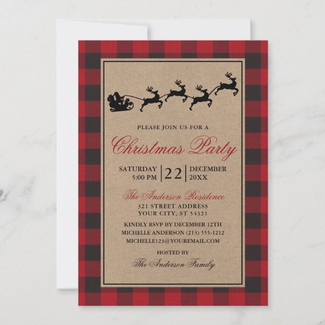 Invitation Red Plaid Reinder Noël Party Kraft (Devant)
