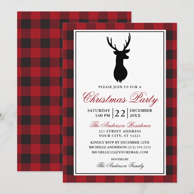 Invitation Red Plaid Russe Noël Party (Devant / Derrière)