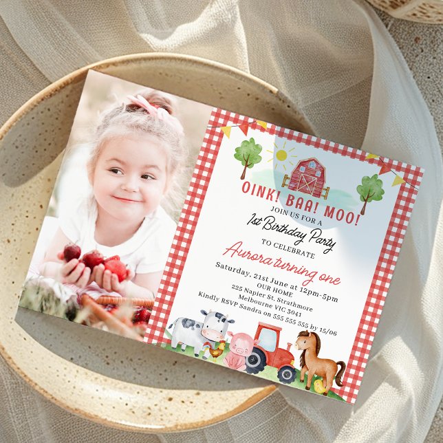 Invitation Red Plaid Tracteur Animaux de ferme Anniversaire (Photo Red Farm Birthday Invitation For Girl, Barnyard Animals Birthday Invitation, Red Tractor Barn)
