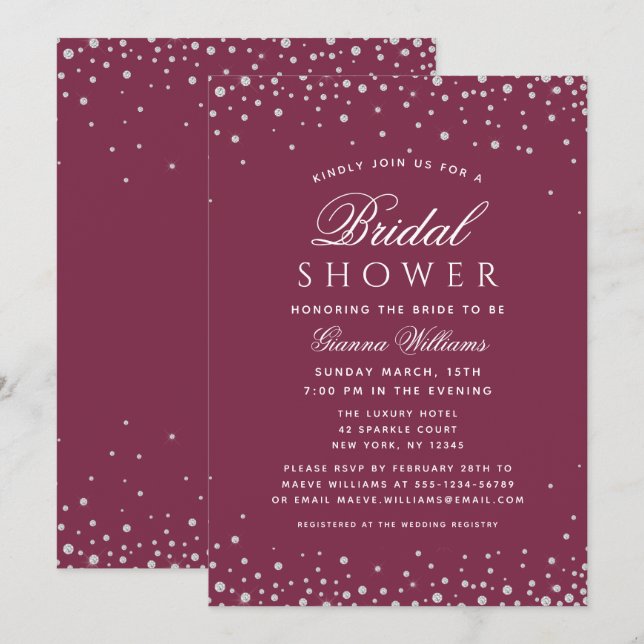 Invitation Red Plum Diamonds Moderne Fête des mariées de luxe (Devant / Derrière)