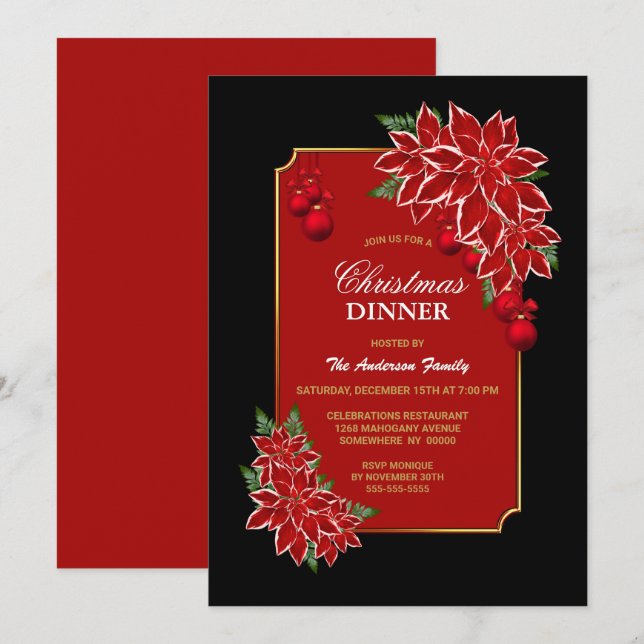 Invitation Red Poinsettia Black Border Dîner de Noël (Devant / Derrière)