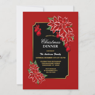 Invitation Red Poinsettia Black Christmas Dinner