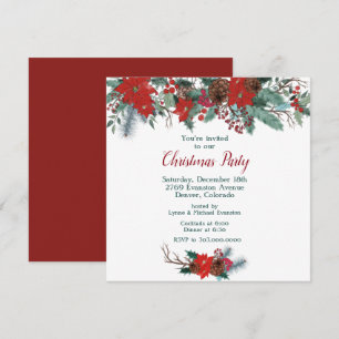 Invitation Red Poinsettia Bordure Bouquet Noël