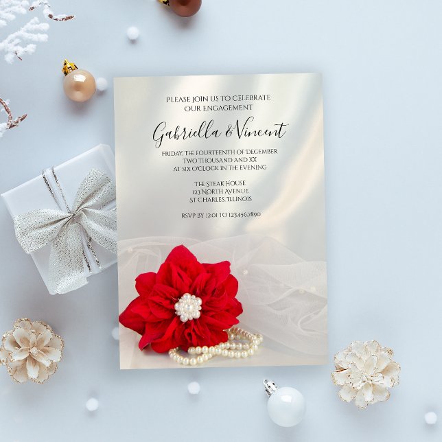 Invitation Red Poinsettia et Pearls Winter Engagement Party (Celebrate your December winter engagement with the Red Poinsettia and Pearls Invitation.)