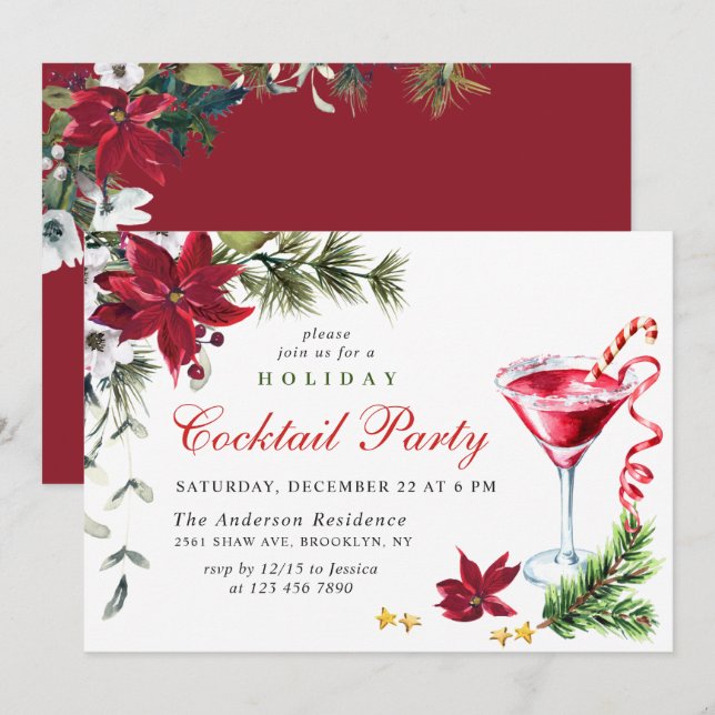 Invitation Red Poinsettia Fête Cocktail de Noël (Devant / Derrière)