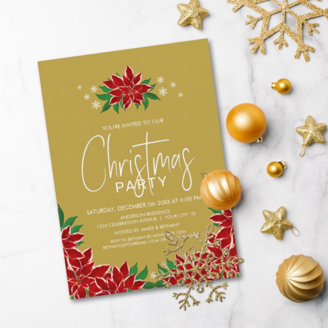 Invitation Red Poinsettia Floral Gold Christmas Party (Créateur téléchargé)