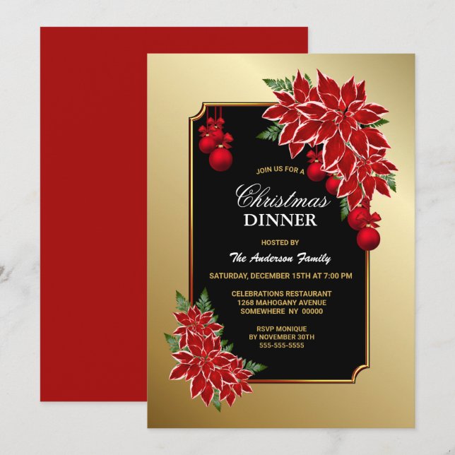 Invitation Red Poinsettia Gold Bordure Dîner de Noël (Devant / Derrière)
