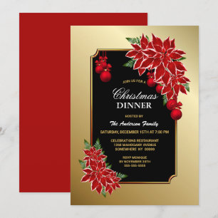 Invitation Red Poinsettia Gold Bordure Dîner de Noël