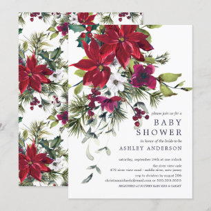 Invitation Red Poinsettia Holly Baby shower