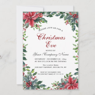 Invitation Red Poinsettia & Holly Berry Wreath Christmas Eve