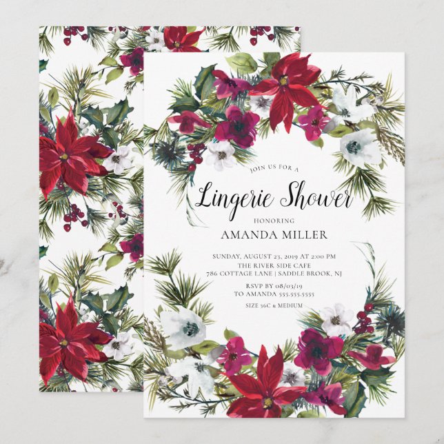 Invitation Red Poinsettia Holly Bridal Lingerie Douche (Devant / Derrière)