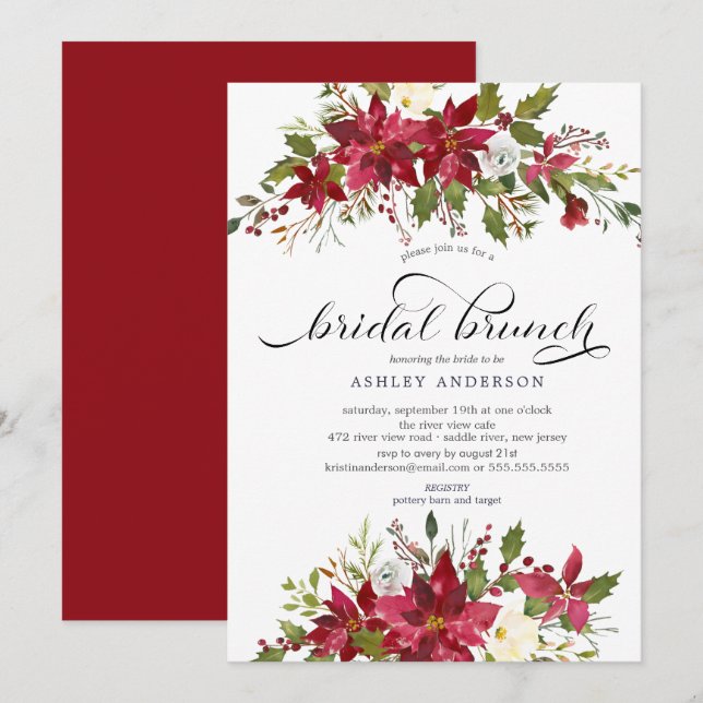 Invitation Red Poinsettia Holly Fête des mariées Brunch (Devant / Derrière)