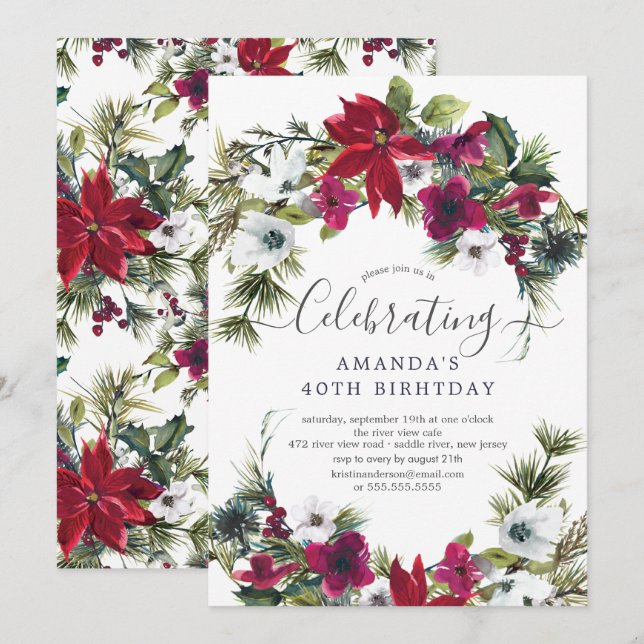 Invitation Red Poinsettia Holly Pine fête d'anniversaire (Devant / Derrière)