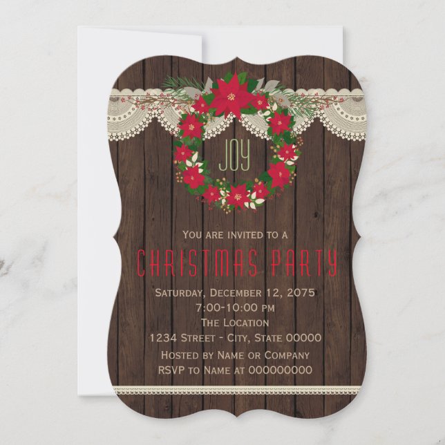Invitation Red Poinsettia Wreath Russe Noël Party (Devant)