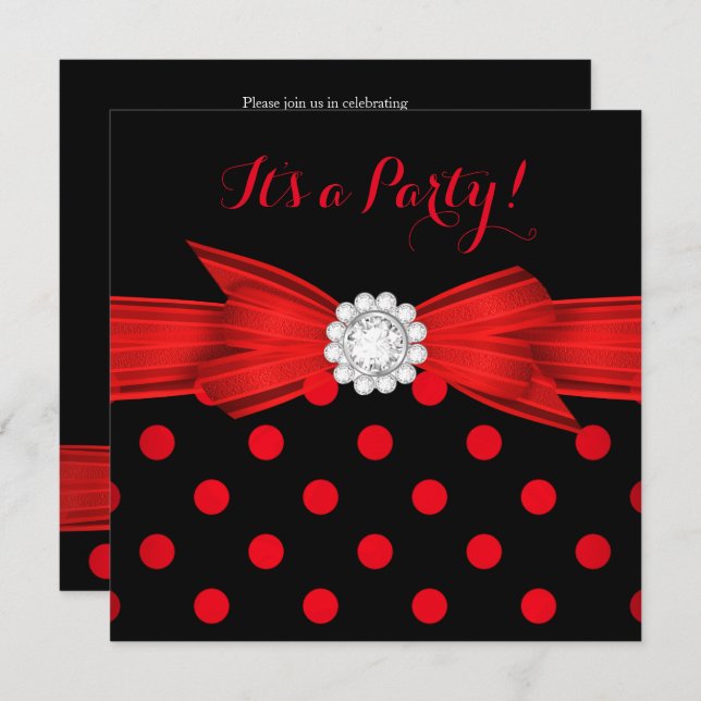 Invitation Red Pois Diamond Bow Black Party (Devant / Derrière)