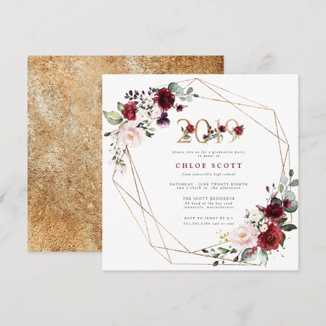 Invitation Red Purple Floral Gold Graduation géométrique (Devant / Derrière)
