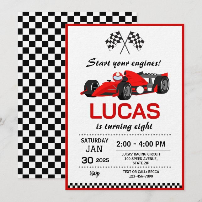 Invitation Red Race Car Birthday Party (Devant / Derrière)