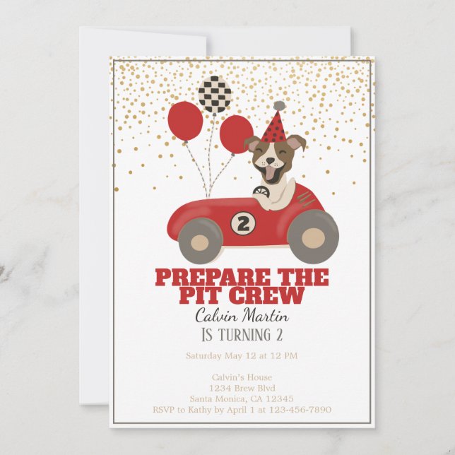 Invitation Red Race Car Chiens Boys Deuxième fête d'anniversa (Devant)