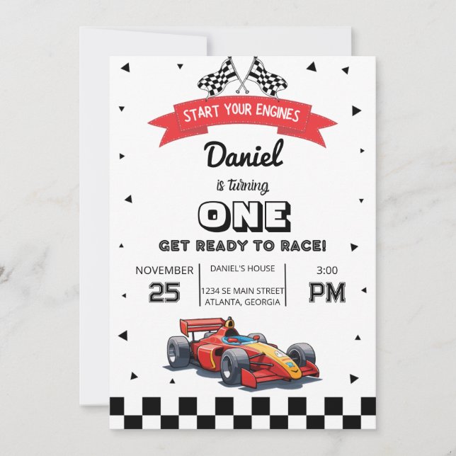 Invitation Red Race Car Custom Anniversaire de enfant Party I (Devant)