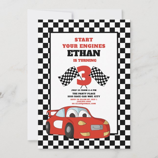Invitation Red Race Car enfant 3e anniversaire (Devant)