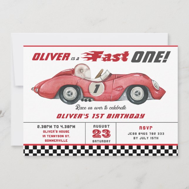 Invitation Red Race Car Fast One 1er fête d'anniversaire (Devant)