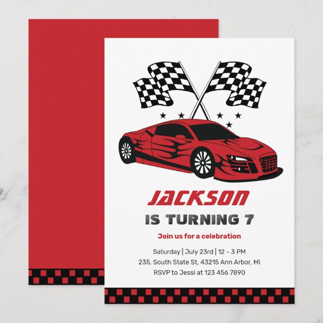 Invitation Red Race Car Racing Enfants Garçons Anniversaire (Devant / Derrière)