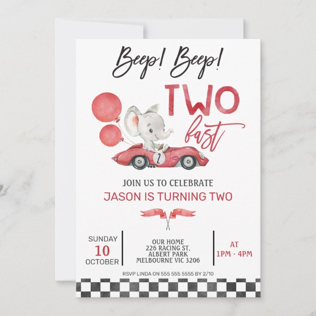 Invitation Red Racing Car Ballons Elephant 2e anniversaire (Devant)