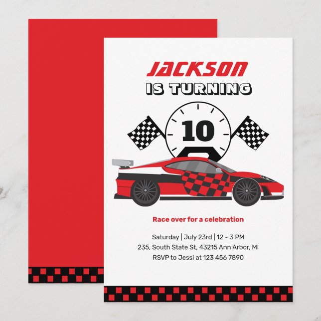 Invitation Red Racing Voiture Course Enfants Garçons Annivers (Devant / Derrière)