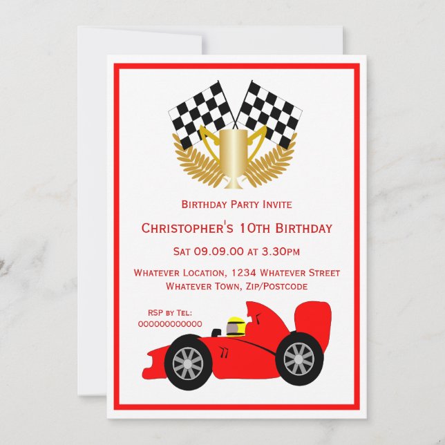 Invitation Red Racing Voiture fête d'anniversaire (Devant)