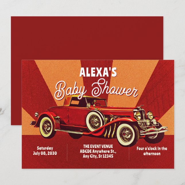 Invitation Red retro classic car baby shower (Devant / Derrière)