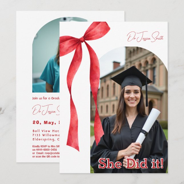 Invitation Red Ribbon Accent Graduation (Devant / Derrière)